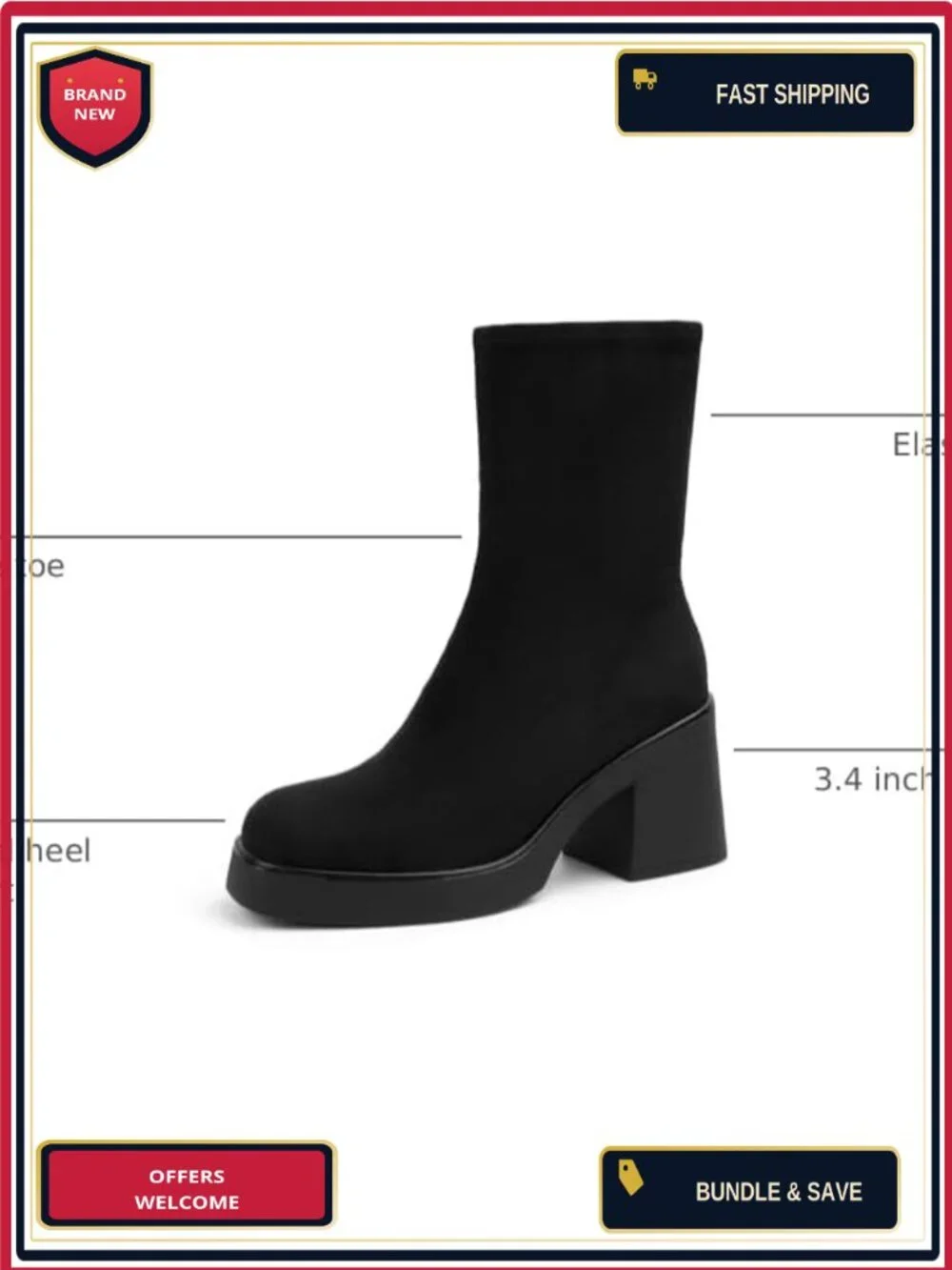 Women's Square Toe Suede Mid Calf Boots Chunky Block Heeled Ankle Bootie Side